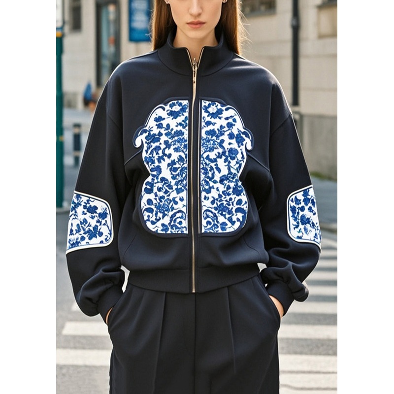 Black Patchwork Cotton Coat Outwear Oversized Print Fall