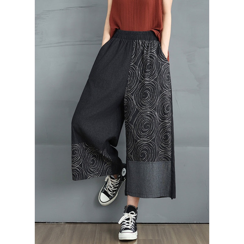 Black Print Denim Crop Pants Asymmetrical Design Summer