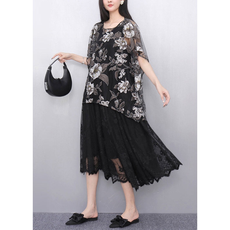 Black Print Tulle T Shirt And Long Dress Two Pieces Set Batwin Sleeve