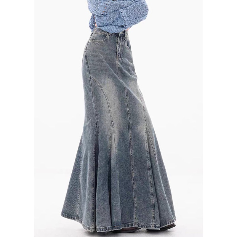 Blue Button Original Design Fishtail Skirts High Waist