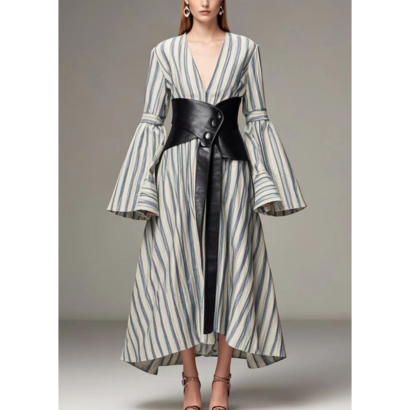 Blue Striped Cotton Cinched Dresses Deep-V Neck Flare Sleeve