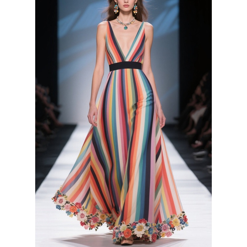 Bohemian Rainbow Striped Patchwork Flower Chiffon Tunic Dress Summer