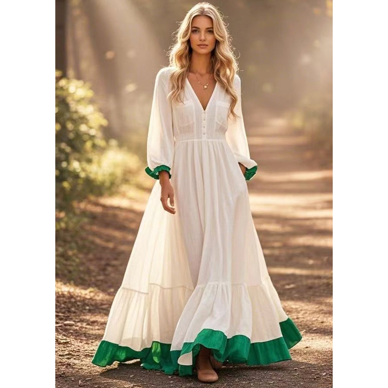 Bohemian White Patchwork Exra Large Hem Cotton Long Dress Spring