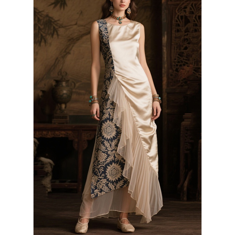 Boho Champagne Asymmetrical Tulle Patchwork Silk Robe Dresses Summer