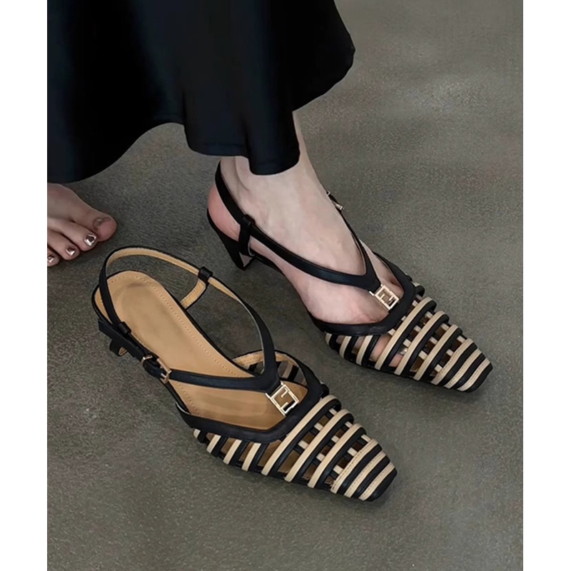 Boutique Black Hollow Out Splicing Kitten Sandals