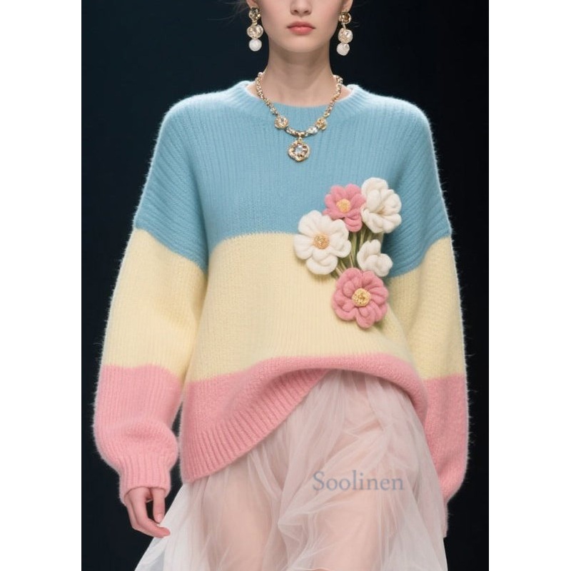 Boutique Colorblock O Neck Floral Knitwear Sweater Fall