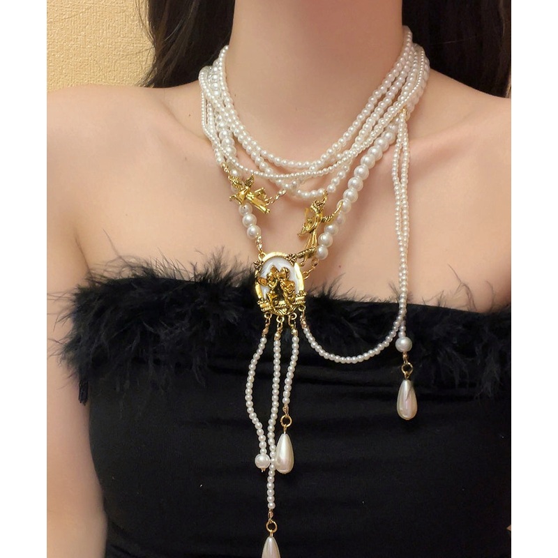 Boutique Gold Alloy Pearl Beading Tassel Pendant Necklace