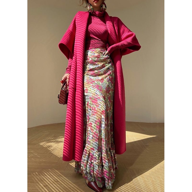 Boutique Rose Pockets Solid Woolen Long Coat Half Sleeve