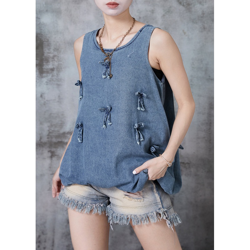 Casual Blue Bow Denim Beach Vest Sleeveless