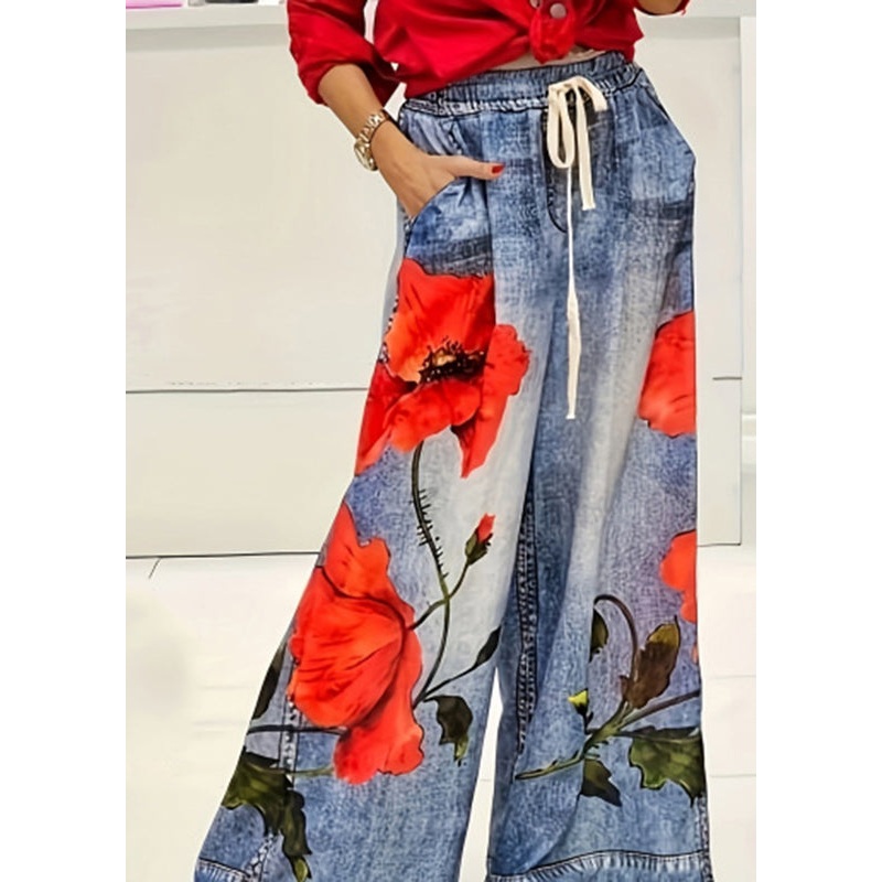 Casual Blue Print Elastic Waist Pockets Wide Leg Jeans Summer
