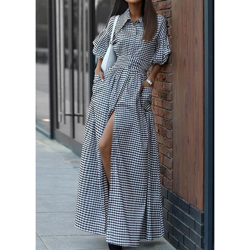 Casual Grey Plaid Tie Waist Long Dresses Summer