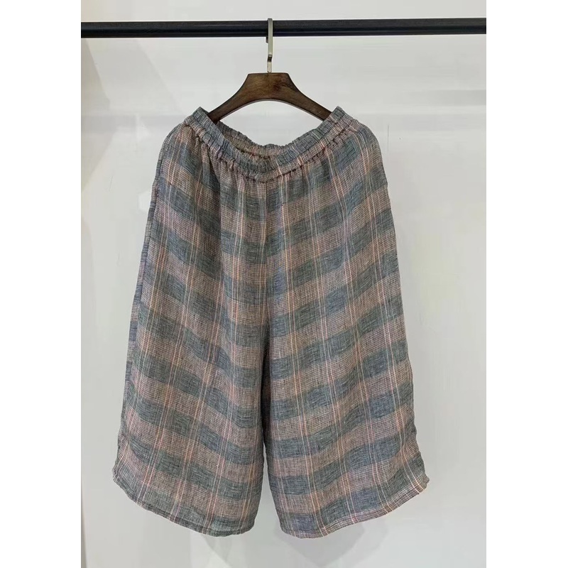 Casual Khaki Oversized Plaid Linen Harem Pants Summer