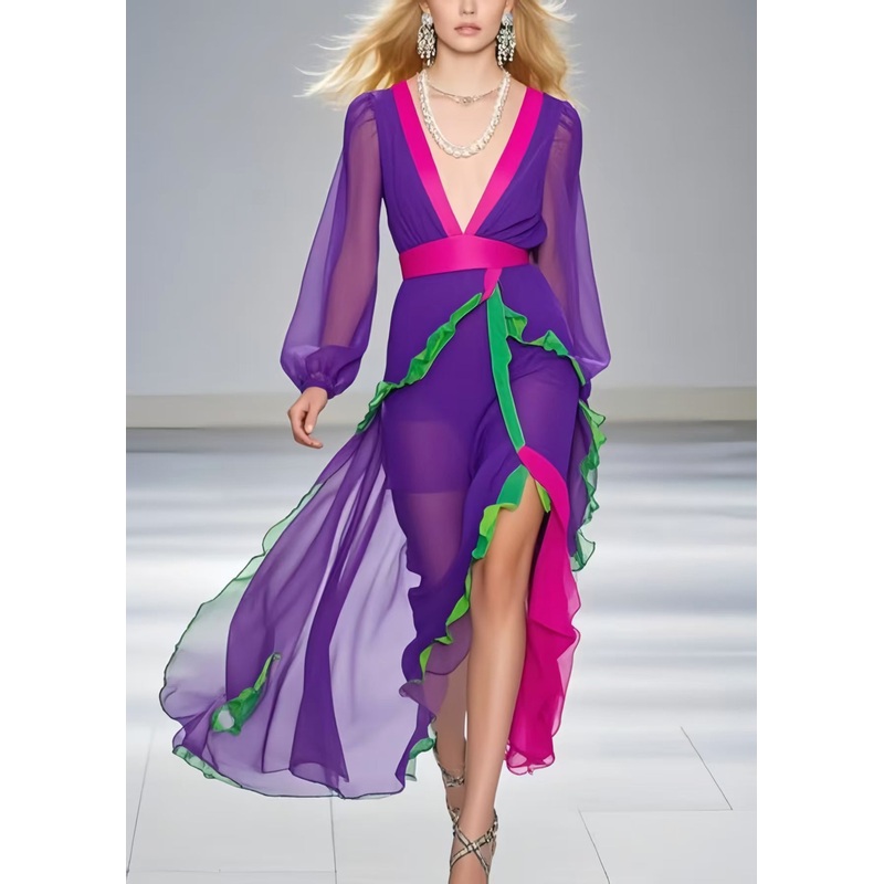 Chic Purple Asymmetrical Patchwork Ruffled Chiffon Sundress