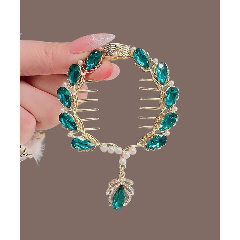 Classy Green Alloy Crystal Zircon Pearl Tassel Hairpin