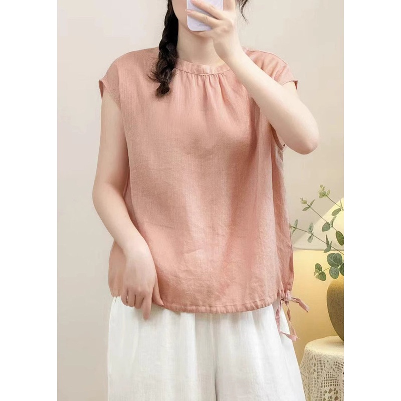 Cozy Pink O Neck Solid Linen Shirt Summer