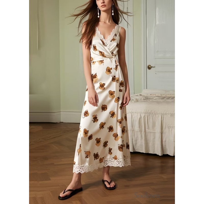 Cute Print Patchwork Lace Silk Cami Dresses Summer