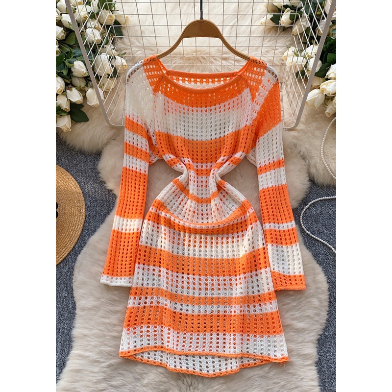 Diy Orange Striped Hollow Out Knit Mini Dress Summer