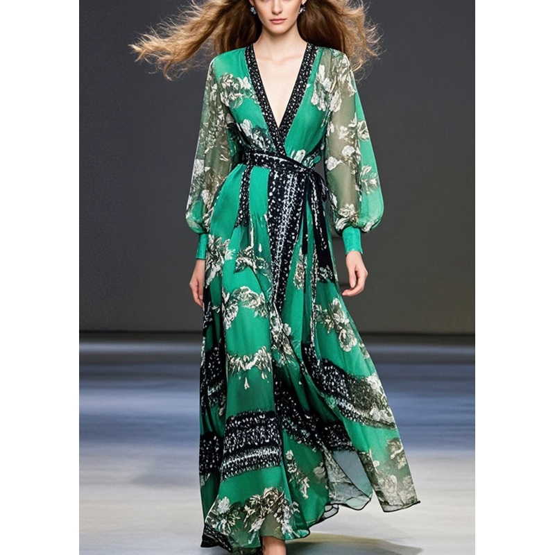 Elegant Peacock Green Cinched Print Chiffon Maxi Dresses Spring