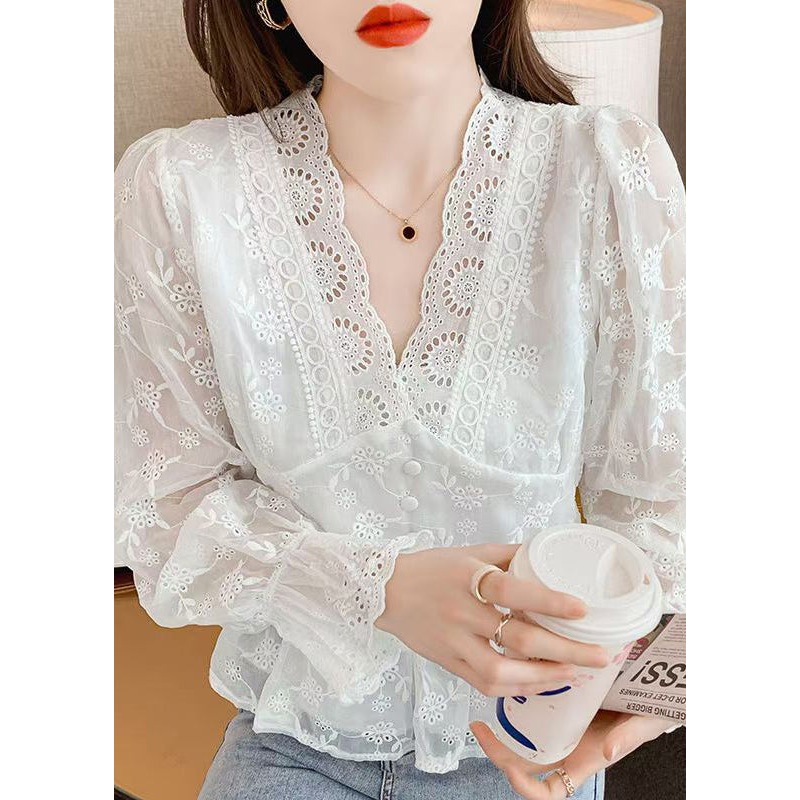 Elegant White Embroidered Hollow Out Cotton Blouses Spring