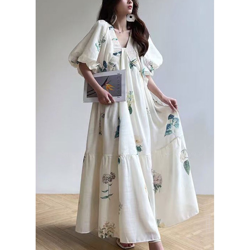 Elegant White V Neck Print Lace Up Cotton Dress Lantern Sleeve