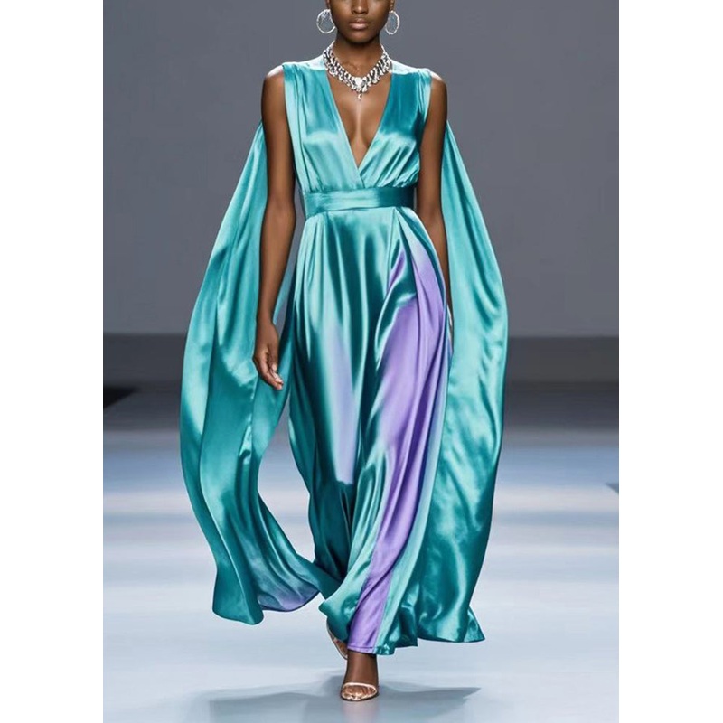 Fashion Green V Neck Tie Dye Silk Party Dress Summer