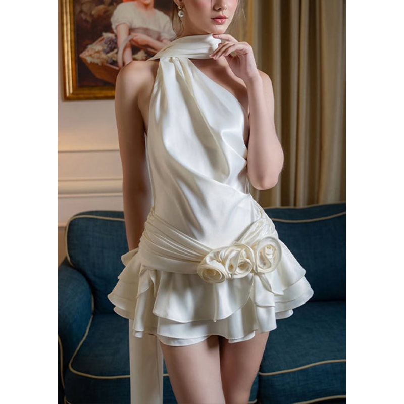 Floral White Backless Wrinkled Silk Mid Dress Sleeveless