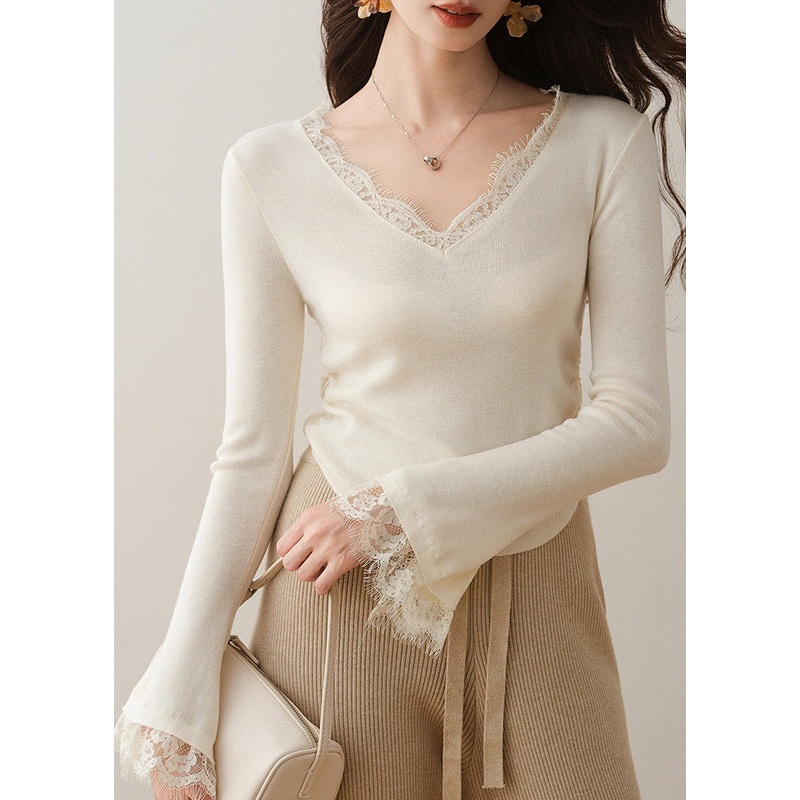 French Apricot V Neck Lace Patchwork Knit Top Flare Sleeve