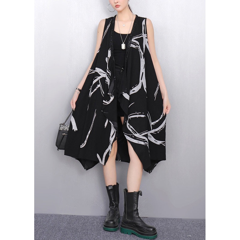 French Black V Neck Print Pockets Cotton Waistcoat Sleeveless