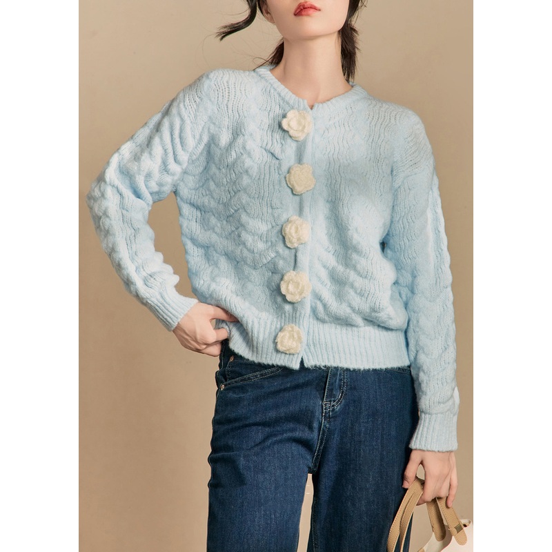 French Blue Floral Button Solid Cotton Knit Cardigan Winter