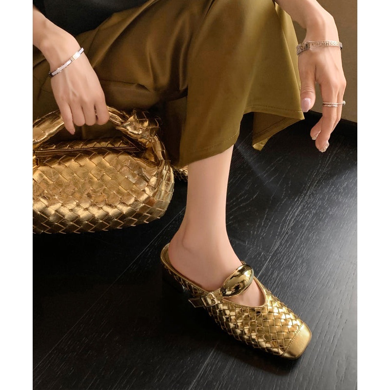 French Gold Splicing Chunky Slide Sandals Square Toe