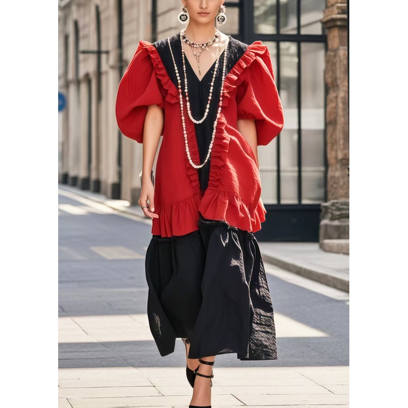 French Red Ruffled Patchwork Cotton Dress Puff Sleeve
