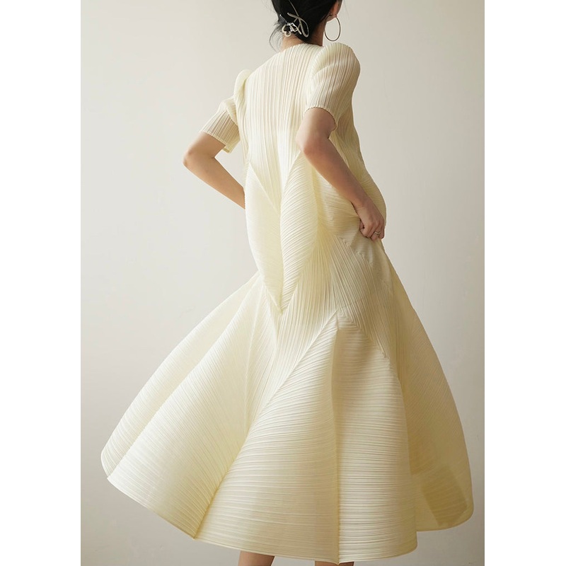 French Style Beige Wrinkled Cotton Dresses Summer