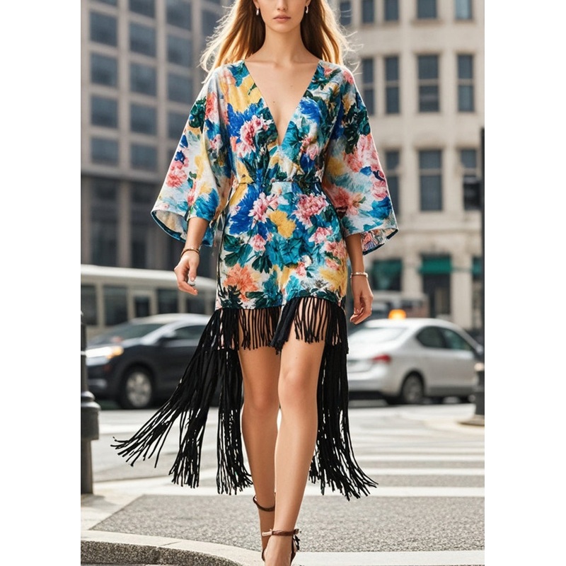 French Tasseled Patchwork Print Knit Vacation Dresses Summer