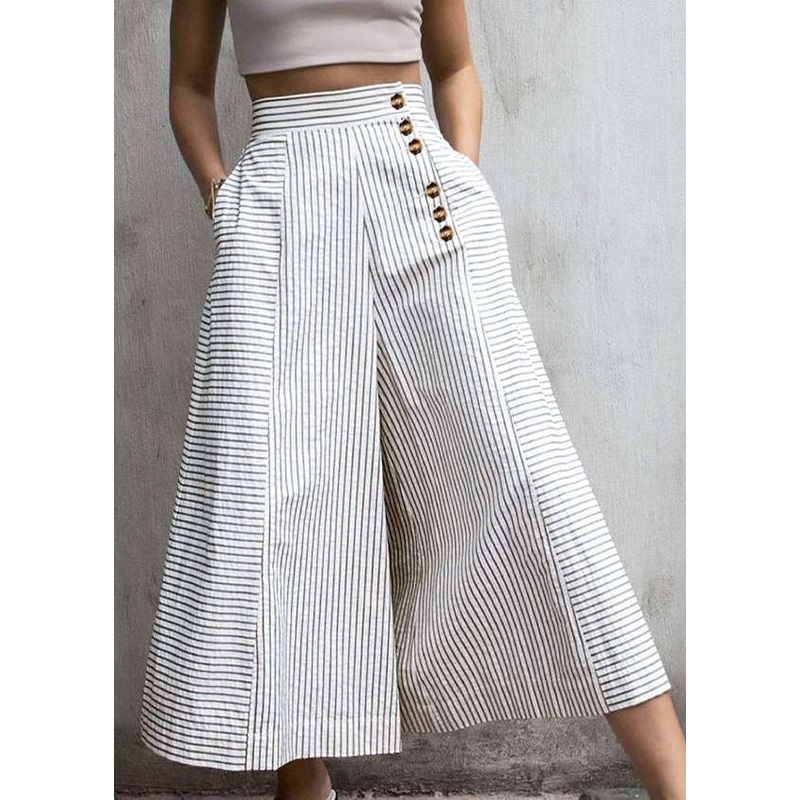 French White Striped Cotton Wide Leg Pants Spring