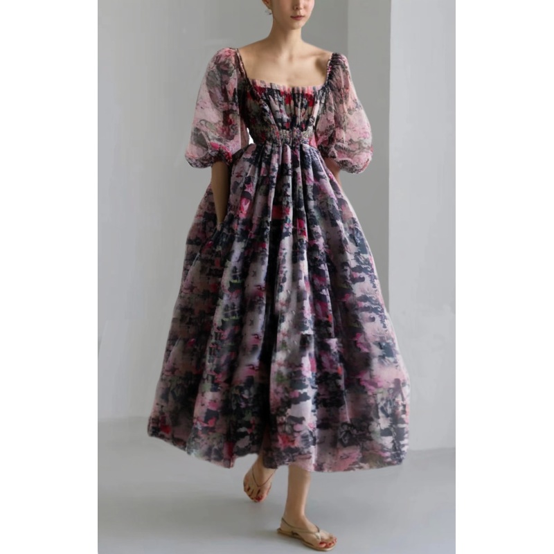 Grace Black Square Collar Print Tulle Patchwork Tunic Mid Dress Short Sleeve