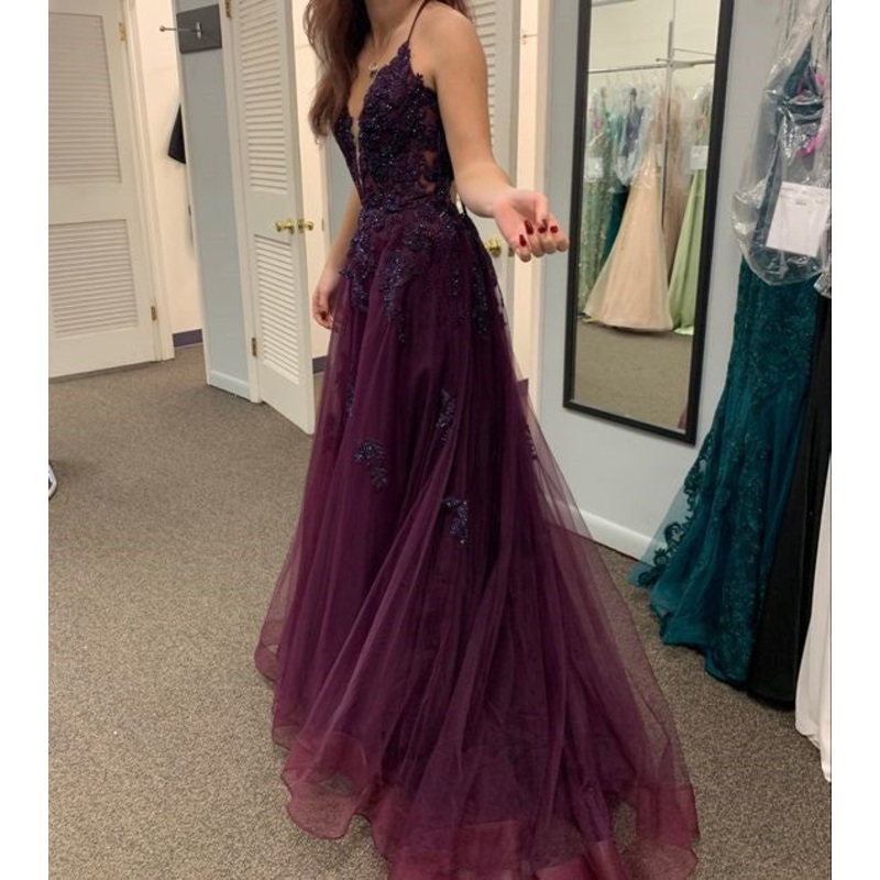 Grape Purple V Neck Applique A Line Long Prom Dresses J2631