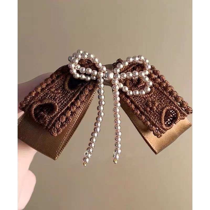 Handmade Brown Fabric Art Pearl Bow Hairpin