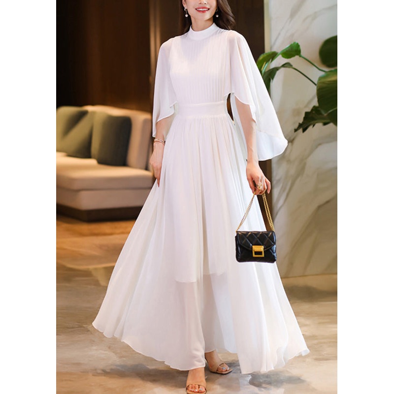 Handmade White Hign Neck Patchwork Chiffon Dress Flare Sleeve