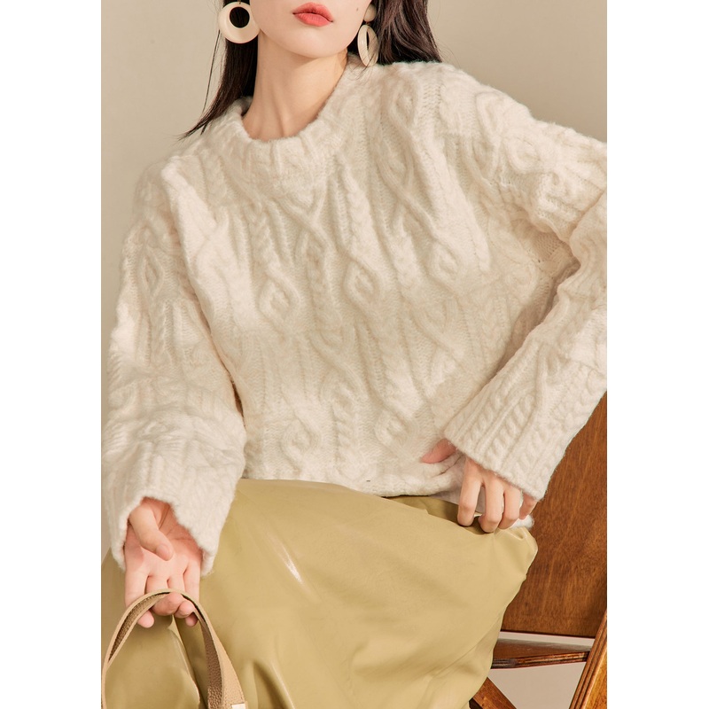 Italian Beige O Neck Thick Cable Knit Sweaters Spring