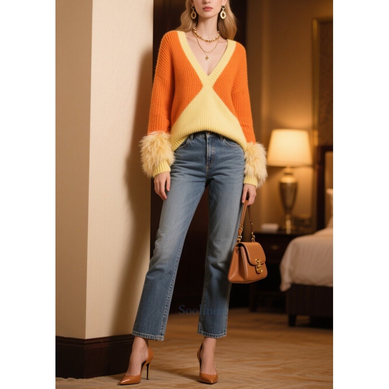 Italian Colorblock V Neck Patchwork Faux Fur Knit Pullover Winter
