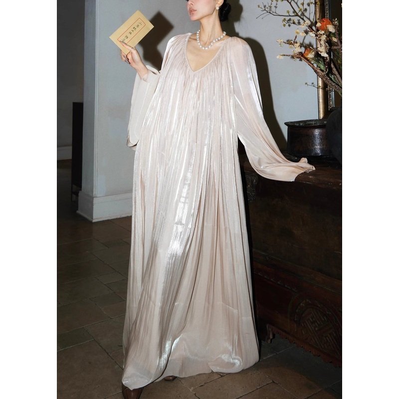 Italian Glutinous Rice Flour V Neck Wrinkled Silk Maxi Dresses Fall