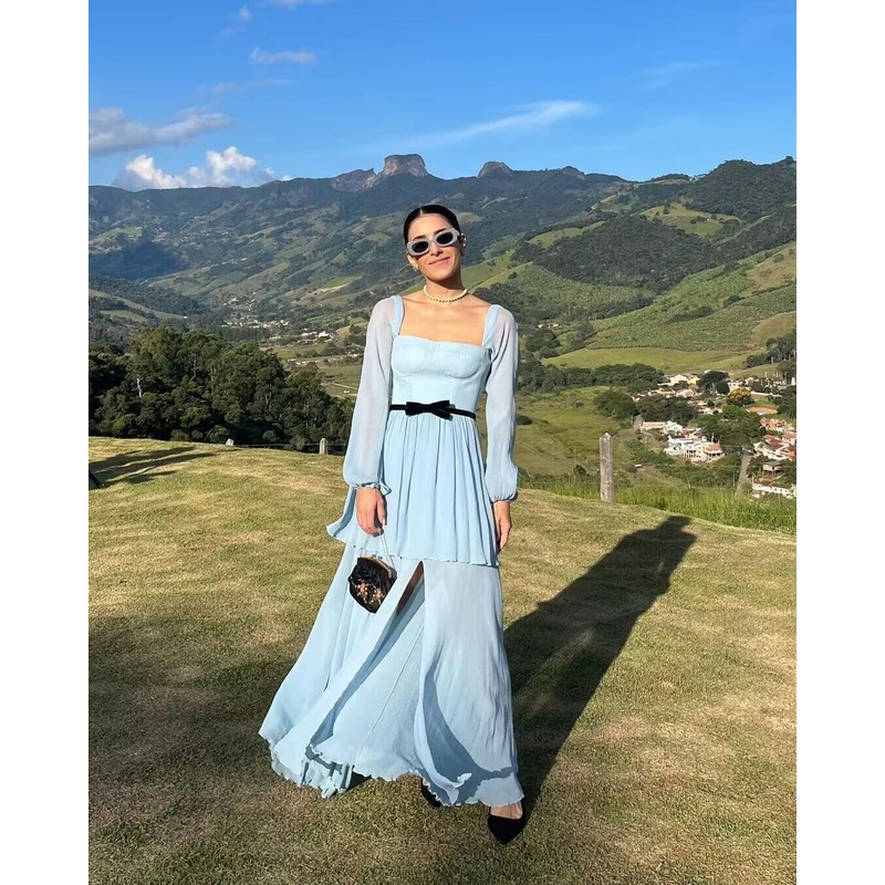 Long Sleeves Blue Chiffon A Line Long Prom Dress J2911