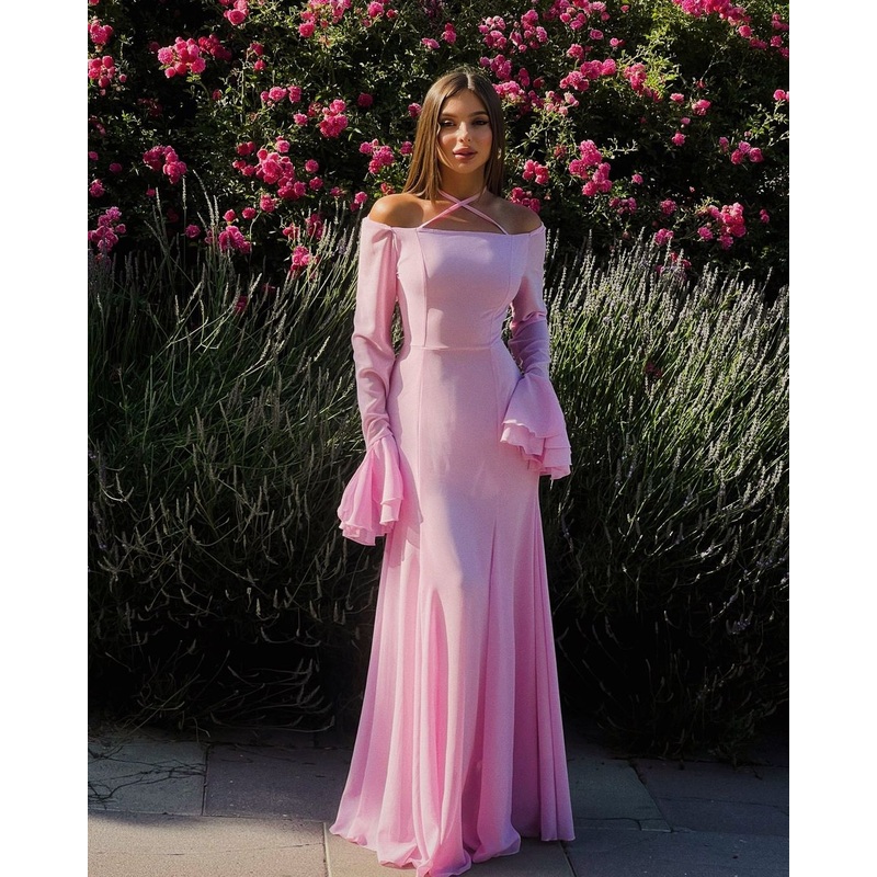 Long Sleeves Mermaid Pink Long Prom Dress Formal Evening Party Dress J3578