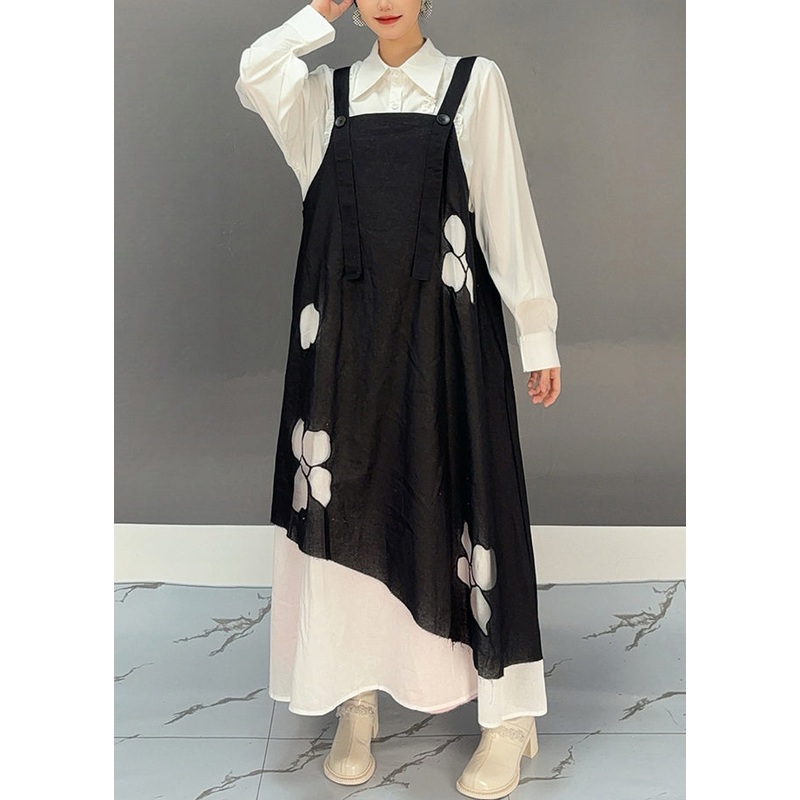 Loose Black Slash Neck Print Spaghetti Strap Long Dress Spring