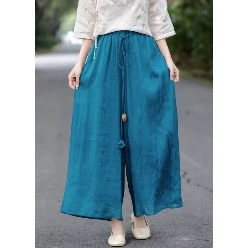 Loose Blue Lace Up Elastic Waist Cotton Wide Leg Pants Summer