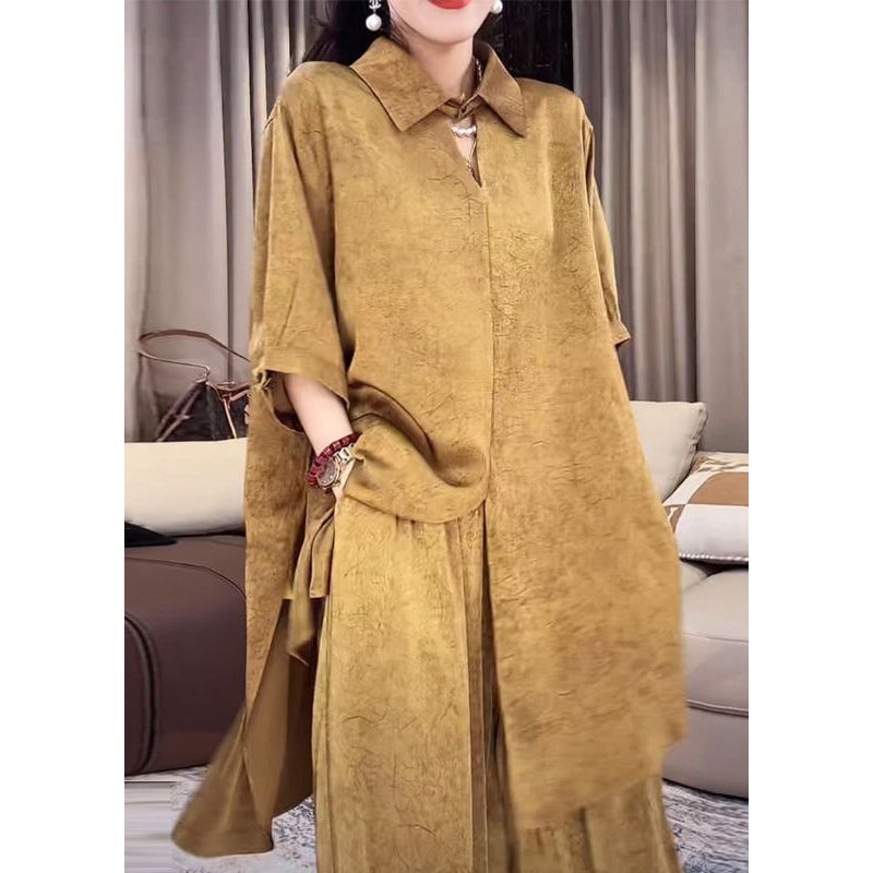 Loose Gold Peter Pan Collar Side Open Silk Two Pieces Set Half Sleeve