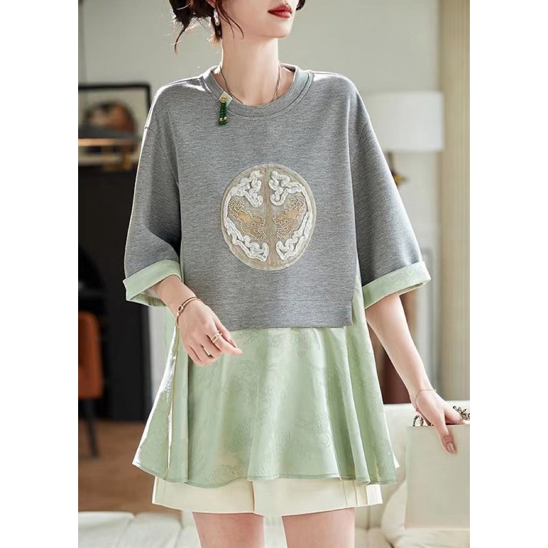 Loose Green Patchwork Fake Two Pieces T Shirt Summer