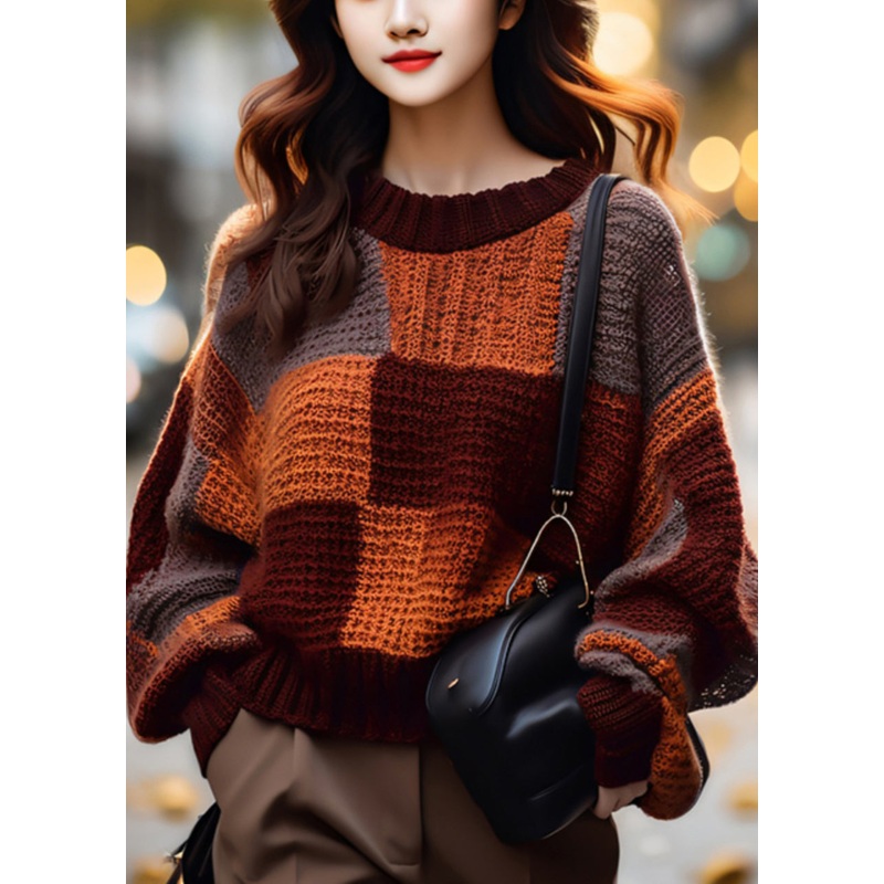 Loose Plaid O Neck Cozy Patchwork Knit Sweater Spring
