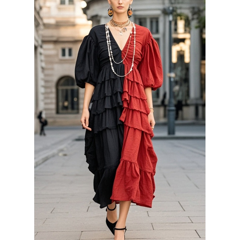 Modern Colorblock Ruffled Patchwork Wrinkled Cotton Dress Lantern Sleeve