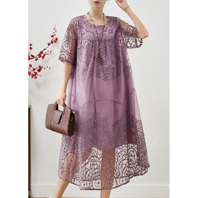 Modern Lavender Embroidered Tulle Maxi Dresses Summer